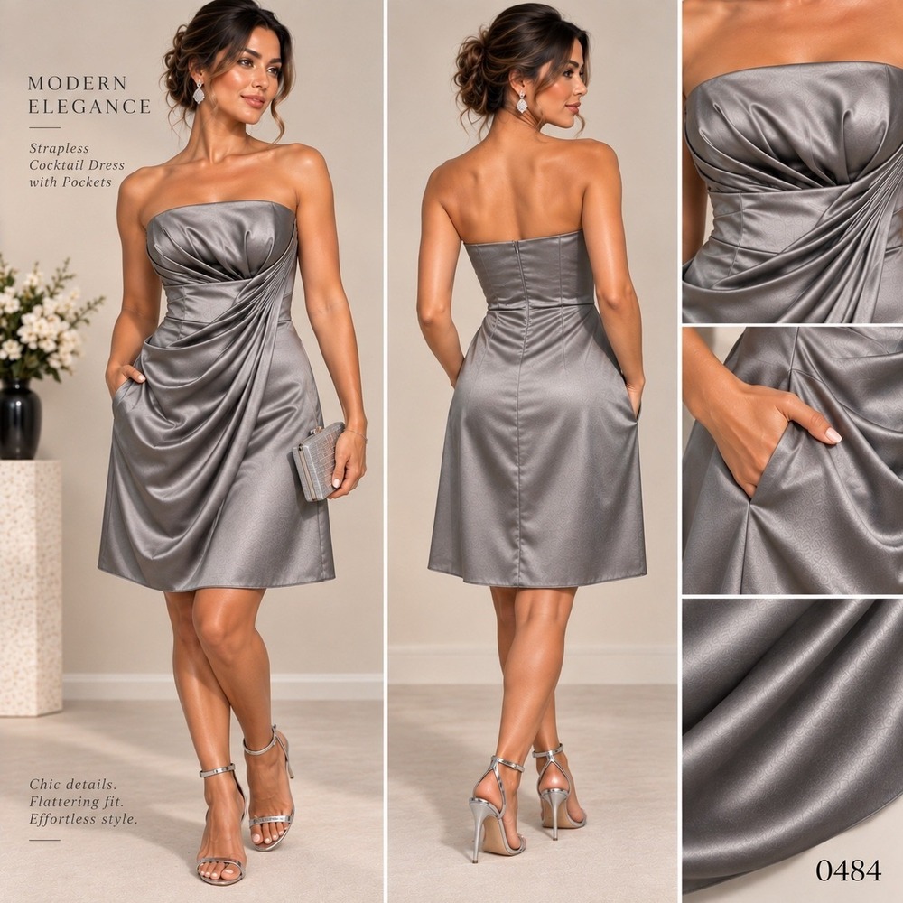 Impression Bridal Silver Satin Strapless Ruched Cocktail Dress Pockets 10 0484
